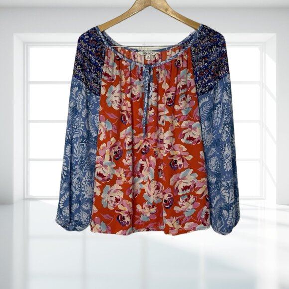The Pioneer Woman Floral Boho Blouse Top Women's Size Medium M Tie Neck Peasant - Picture 2 of 14